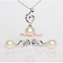 925 joyería de agua dulce natural de la perla colgante + joyería de los pendientes de la perla fija sistemas (ES1322)